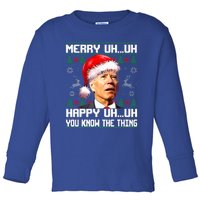 Funny Santa Joe Biden Merry Uh Uh Christmas Ugly Sweater Toddler Long Sleeve Shirt