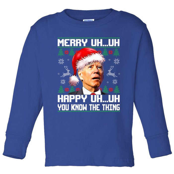 Funny Santa Joe Biden Merry Uh Uh Christmas Ugly Sweater Toddler Long Sleeve Shirt