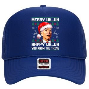 Funny Santa Joe Biden Merry Uh Uh Christmas Ugly Sweater High Crown Mesh Back Trucker Hat