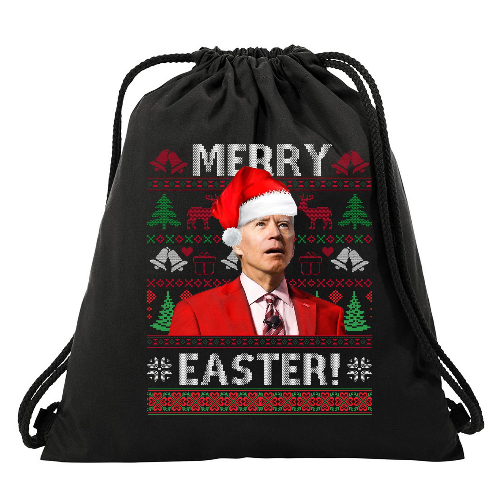 Funny Santa Joe Biden Merry Easter Ugly Christmas Drawstring Bag