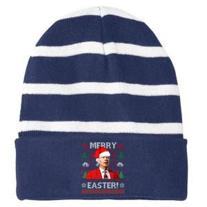 Funny Santa Joe Biden Merry Easter Ugly Christmas Striped Beanie with Solid Band