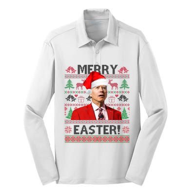 Funny Santa Joe Biden Merry Easter Ugly Christmas Silk Touch Performance Long Sleeve Polo