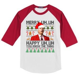 Funny Santa Joe Biden Merry Uh Uh Christmas Ugly Kids Colorblock Raglan Jersey