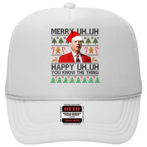 Funny Santa Joe Biden Merry Uh Uh Christmas Ugly High Crown Mesh Back Trucker Hat