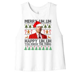 Funny Santa Joe Biden Merry Uh Uh Christmas Ugly Women's Racerback Cropped Tank