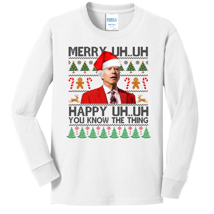 Funny Santa Joe Biden Merry Uh Uh Christmas Ugly Kids Long Sleeve Shirt