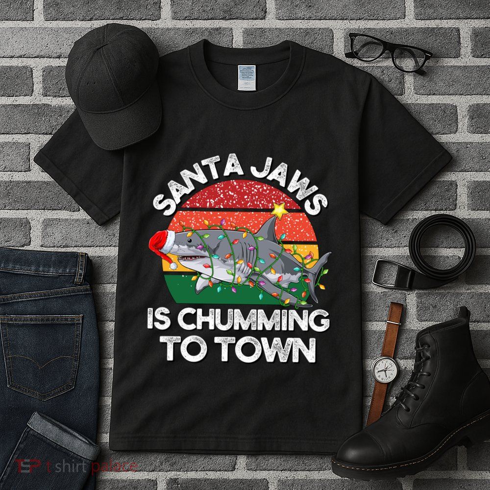 Funny Santa Jaws Shark Christmas Lights Sharkmas Xmas Retro Tall T-Shirt