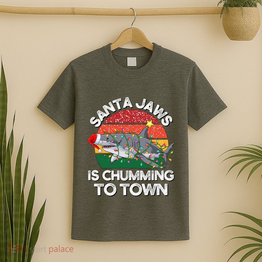 Funny Santa Jaws Shark Christmas Lights Sharkmas Xmas Retro T-Shirt