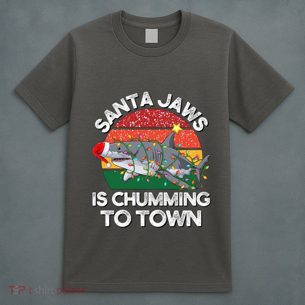 Funny Santa Jaws Shark Christmas Lights Sharkmas Xmas Retro T-Shirt
