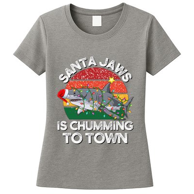 Funny Santa Jaws Shark Christmas Lights Sharkmas Xmas Retro Womens T-Shirt