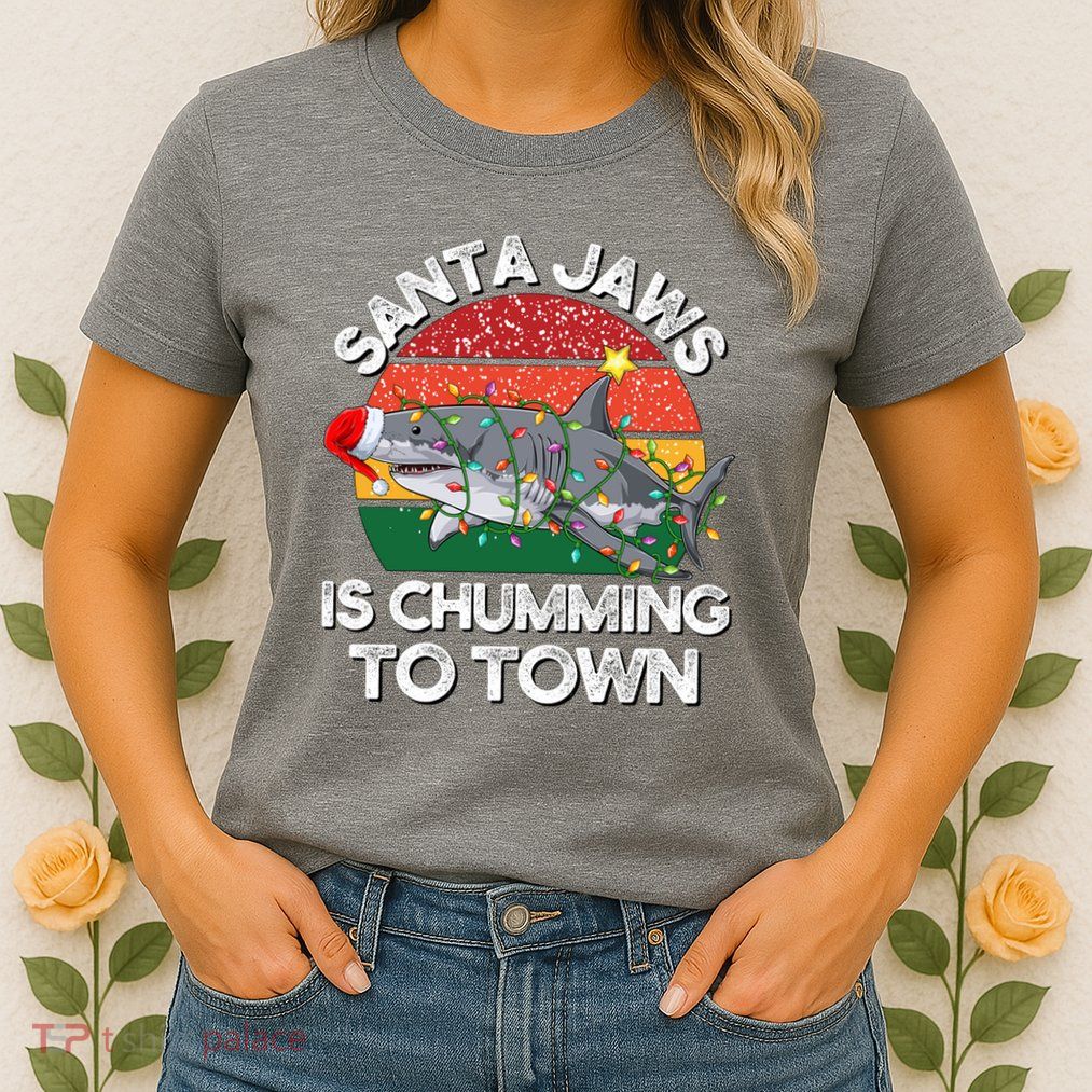 Funny Santa Jaws Shark Christmas Lights Sharkmas Xmas Retro Womens T-Shirt