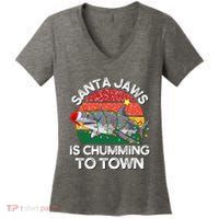 Funny Santa Jaws Shark Christmas Lights Sharkmas Xmas Retro Women's V-Neck T-Shirt