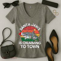 Funny Santa Jaws Shark Christmas Lights Sharkmas Xmas Retro Women's V-Neck T-Shirt