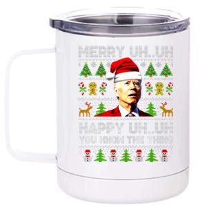 Funny Santa Joe Biden Merry Uh Uh Christmas Ugly Sweater 12 oz Stainless Steel Tumbler Cup