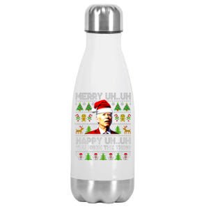 Funny Santa Joe Biden Merry Uh Uh Christmas Ugly Sweater Stainless Steel Insulated Water Bottle