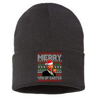 Funny Santa Joe Biden Merry 4th Of Easter Ugly Christmas Sustainable Knit Beanie