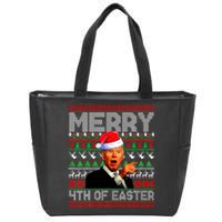 Funny Santa Joe Biden Merry 4th Of Easter Ugly Christmas Zip Tote Bag