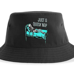 Funny Skeleton Just A Quick Nap Halloween Tired Exhausted Sustainable Bucket Hat