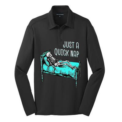 Funny Skeleton Just A Quick Nap Halloween Tired Exhausted Silk Touch Performance Long Sleeve Polo