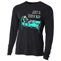 Funny Skeleton Just A Quick Nap Halloween Tired Exhausted Cooling Performance Long Sleeve Crew