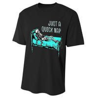 Funny Skeleton Just A Quick Nap Halloween Tired Exhausted Performance Sprint T-Shirt