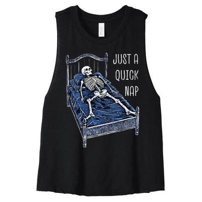 Funny Skeleton Just A Quick Nap Halloween Dead Tired Humor Women's Racerback Cropped Tank