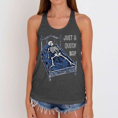 Funny Skeleton Just A Quick Nap Halloween Dead Tired Humor Women's Knotted Racerback Tank