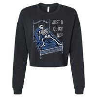 Funny Skeleton Just A Quick Nap Halloween Dead Tired Humor Cropped Pullover Crew