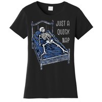 Funny Skeleton Just A Quick Nap Halloween Dead Tired Humor Women's T-Shirt