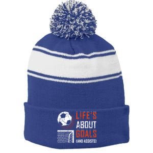 Funny Soccer Lover Girl Boy Teen Soccer Player Fans Coaches Gift Stripe Pom Pom Beanie