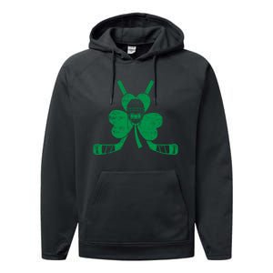 Funny Shamrock Leaf Hockey Sticks And Helmet St Patricks Day Gift Performance Fleece Hoodie