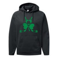 Funny Shamrock Leaf Hockey Sticks And Helmet St Patricks Day Gift Performance Fleece Hoodie