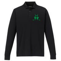 Funny Shamrock Leaf Hockey Sticks And Helmet St Patricks Day Gift Performance Long Sleeve Polo