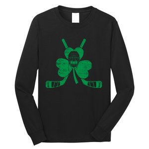 Funny Shamrock Leaf Hockey Sticks And Helmet St Patricks Day Gift Long Sleeve Shirt