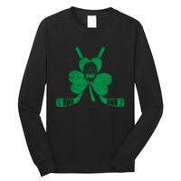 Funny Shamrock Leaf Hockey Sticks And Helmet St Patricks Day Gift Long Sleeve Shirt