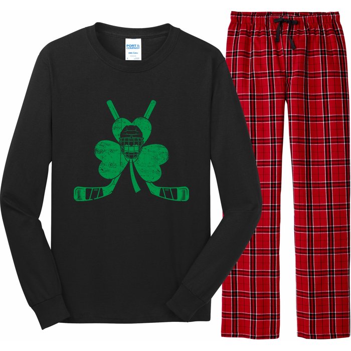 Funny Shamrock Leaf Hockey Sticks And Helmet St Patricks Day Gift Long Sleeve Pajama Set