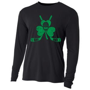 Funny Shamrock Leaf Hockey Sticks And Helmet St Patricks Day Gift Cooling Performance Long Sleeve Crew