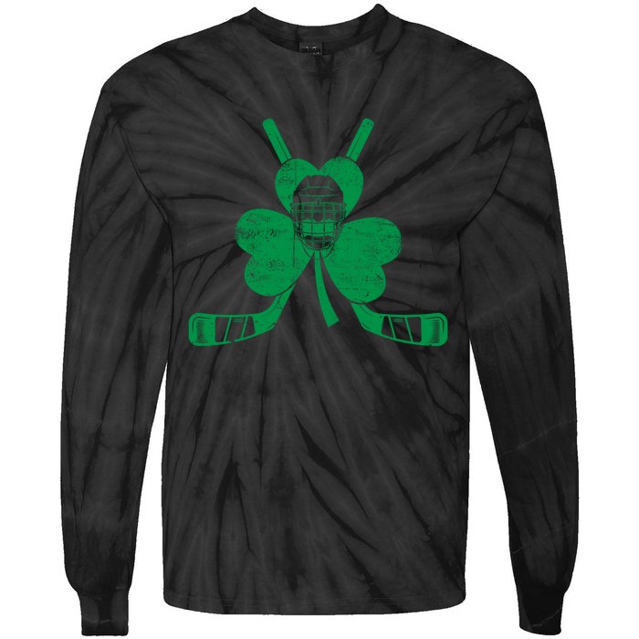 Funny Shamrock Leaf Hockey Sticks And Helmet St Patricks Day Gift Tie-Dye Long Sleeve Shirt