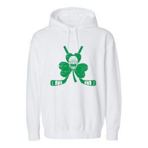 Funny Shamrock Leaf Hockey Sticks And Helmet St Patricks Day Gift Garment-Dyed Fleece Hoodie