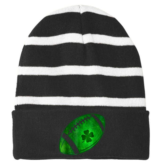 Football Shamrock Lucky Clover Irish St Patrick's Day Striped Beanie with Solid Band