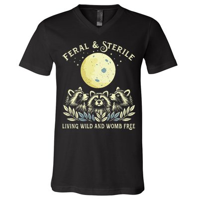 Feral & Sterile Living Wild And Womb Free Funny Racoon Retro V-Neck T-Shirt