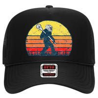 Funny Sasquatch Lax Bigfoot Lacrosse Vintage 80s Sunset High Crown Mesh Back Trucker Hat