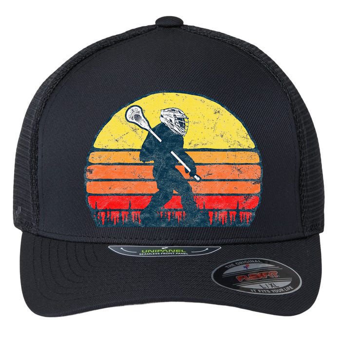 Funny Sasquatch Lax Bigfoot Lacrosse Vintage 80s Sunset Flexfit Unipanel Trucker Cap