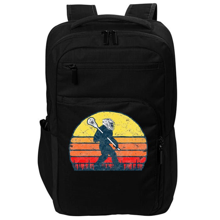 Funny Sasquatch Lax Bigfoot Lacrosse Vintage 80s Sunset Impact Tech Backpack