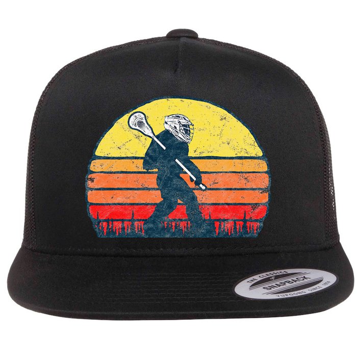 Funny Sasquatch Lax Bigfoot Lacrosse Vintage 80s Sunset Flat Bill Trucker Hat