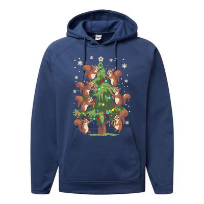 Funny Squirrel Lover Xmas Lights Squirrel Christmas Tree Gift Performance Fleece Hoodie