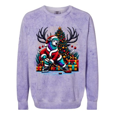 Funny Santa Llama Playing Hockey Christmas Gift Colorblast Crewneck Sweatshirt