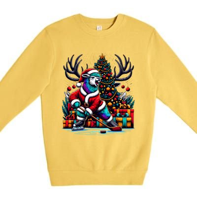 Funny Santa Llama Playing Hockey Christmas Gift Premium Crewneck Sweatshirt