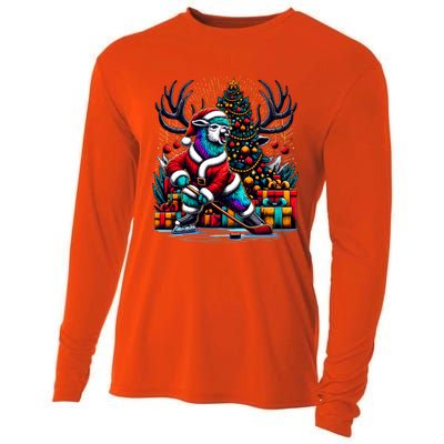 Funny Santa Llama Playing Hockey Christmas Gift Cooling Performance Long Sleeve Crew