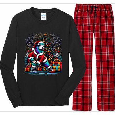 Funny Santa Llama Playing Hockey Christmas Gift Long Sleeve Pajama Set